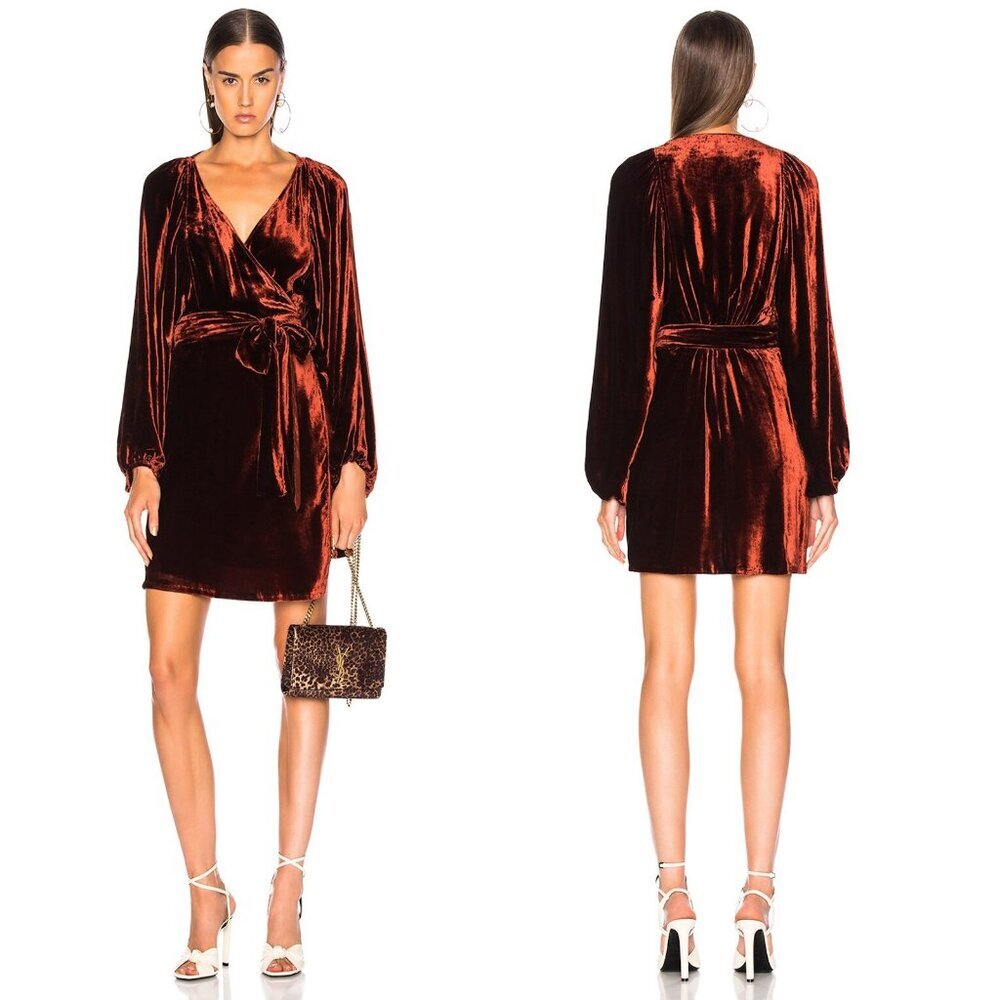 A.L.C. Womens Carlo Cognac Silk Blend Velvet Long Sleeve Wrap Mini Dress Size 4